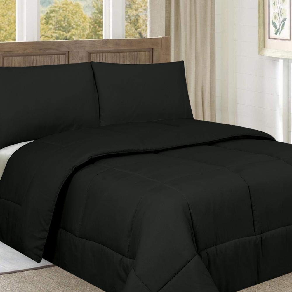 Sweet Home Collection Down Alternative Polyester Comforter - Hypoallergenic, Box Stitch Design, Soft Microfiber Bedding for All Seasons - Twin Size, Black - Perfect for Guest Rooms, Dorms & Cozy Bedrooms