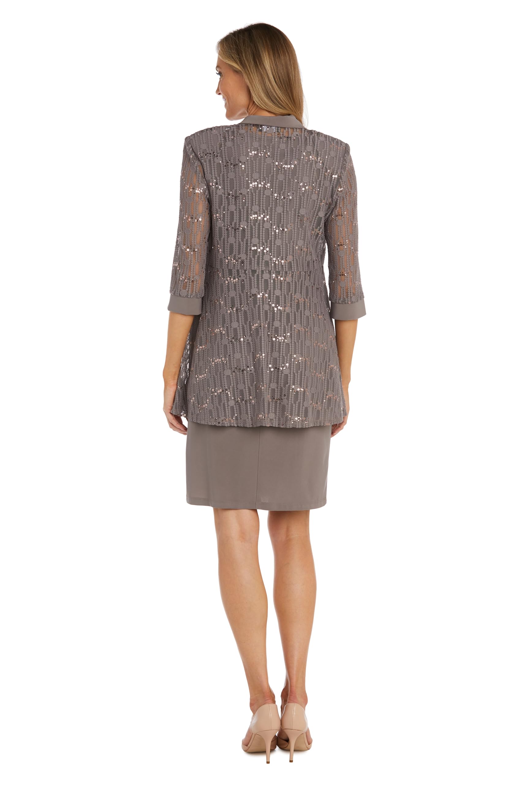 Elegant Knee-Length Sheath Dress with Lace Jacket - Formal Solid Color Dress with Stripe Dot Sequin Details | Perfect for Office Wear, Cocktail Parties & Special Occasions