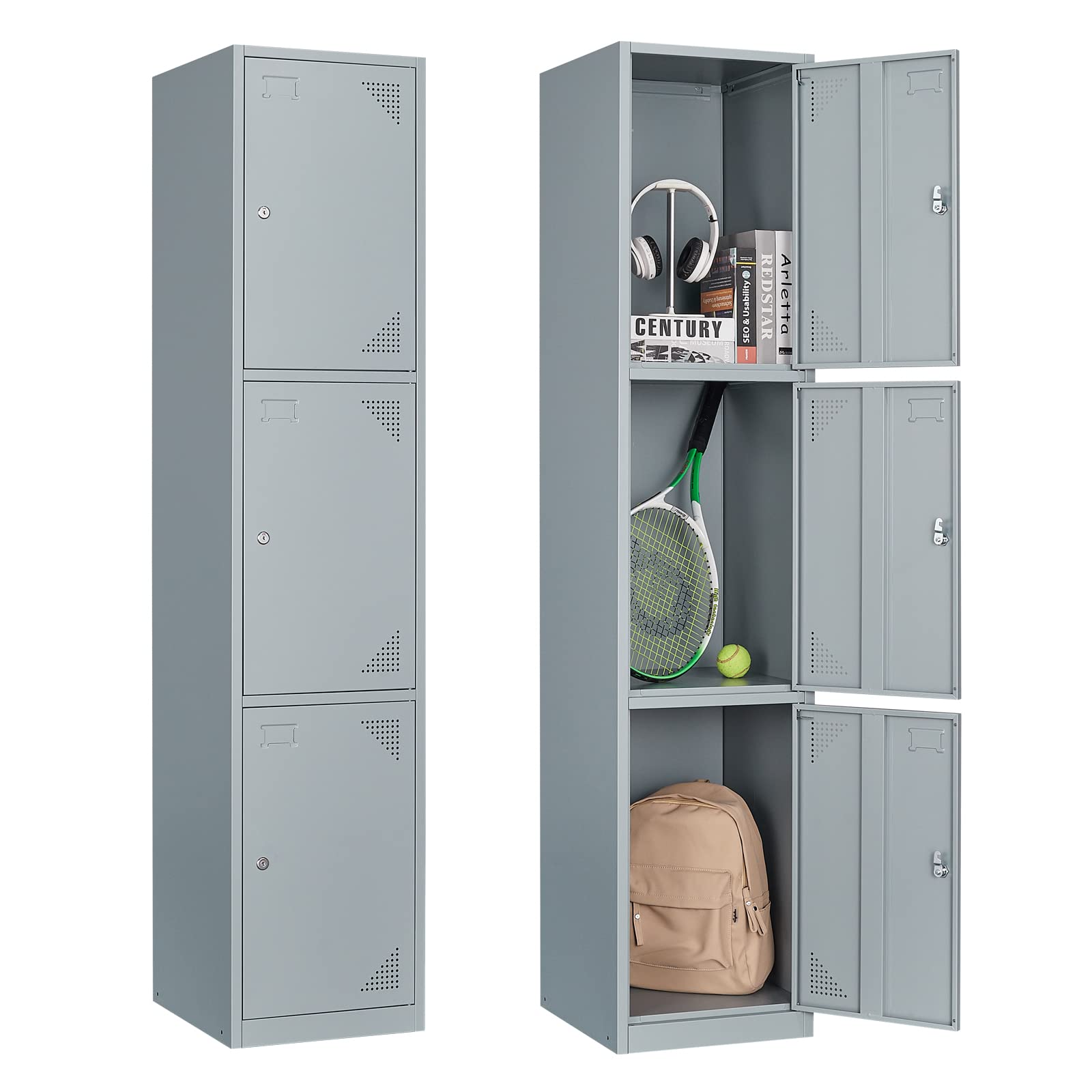 Metal Storage Locker Cabinet with Lock - 3-Door Grey Organizer with Shelves for Home, School & Classroom - Secure Coat & File Storage Solution for Closets, Offices & Dorm Rooms