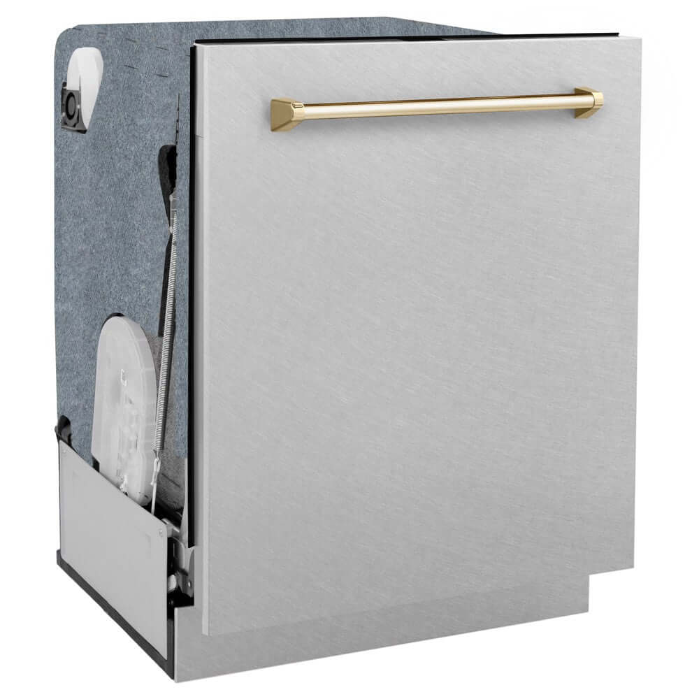 ZLINE Autograph Edition 24-inch Monument Series Dishwasher with 3rd Rack, Top Touch Controls, Tall Tub Design - Satin Stainless Steel Panel & Polished Gold Handle, Ultra Quiet 45dBa (DWMTZ SN 24 G) - Perfect for Modern Kitchens, Open Concept Homes, and Luxury Renovations