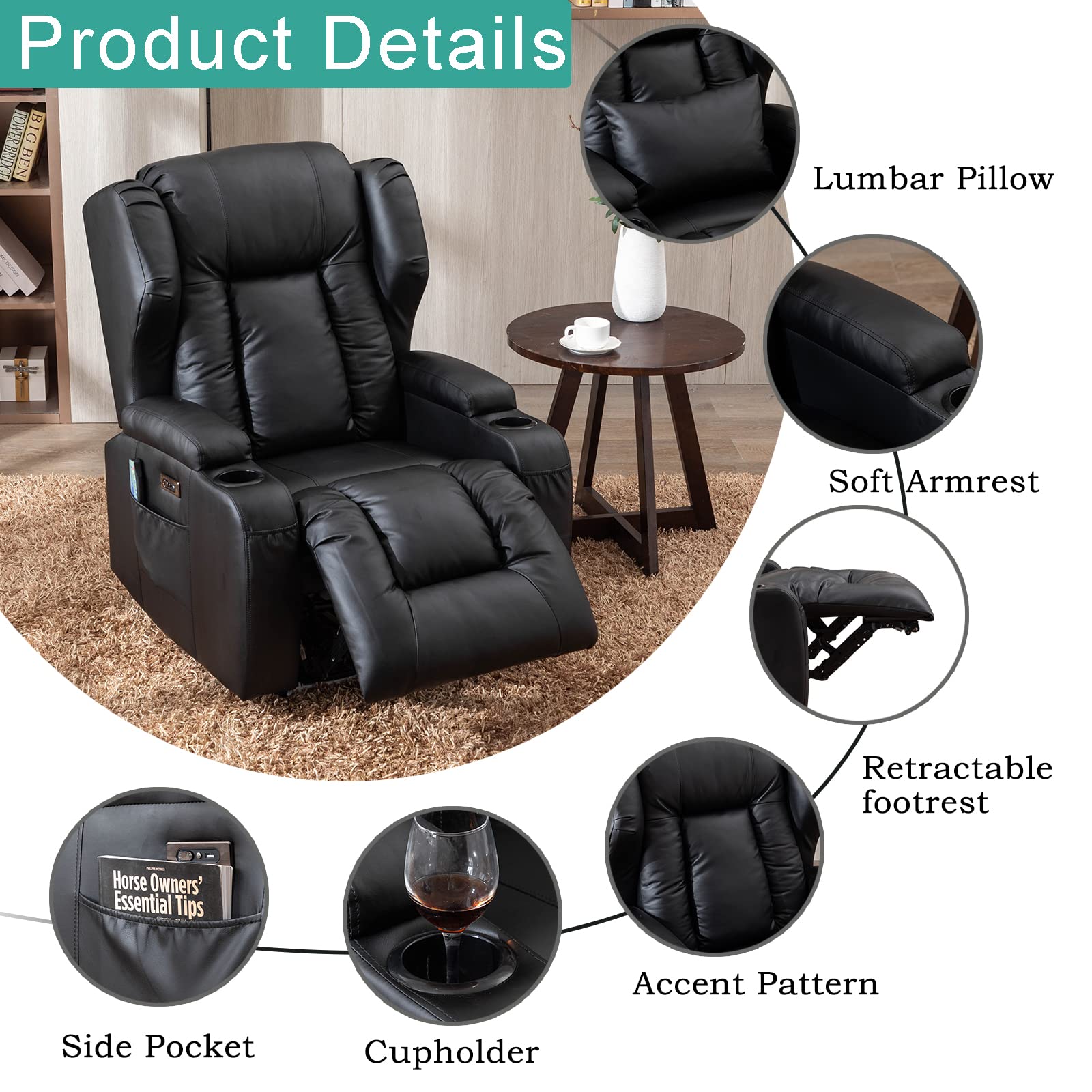 2PC Power Recliner Chair Set with Massage & Heat - Modern Home Theater Seating with LED Lights & USB Charging | Reclining Sofa Chairs for Living Room, Game Room & Movie Theater | Includes Cup Holders & Adjustable Positions for Ultimate Comfort