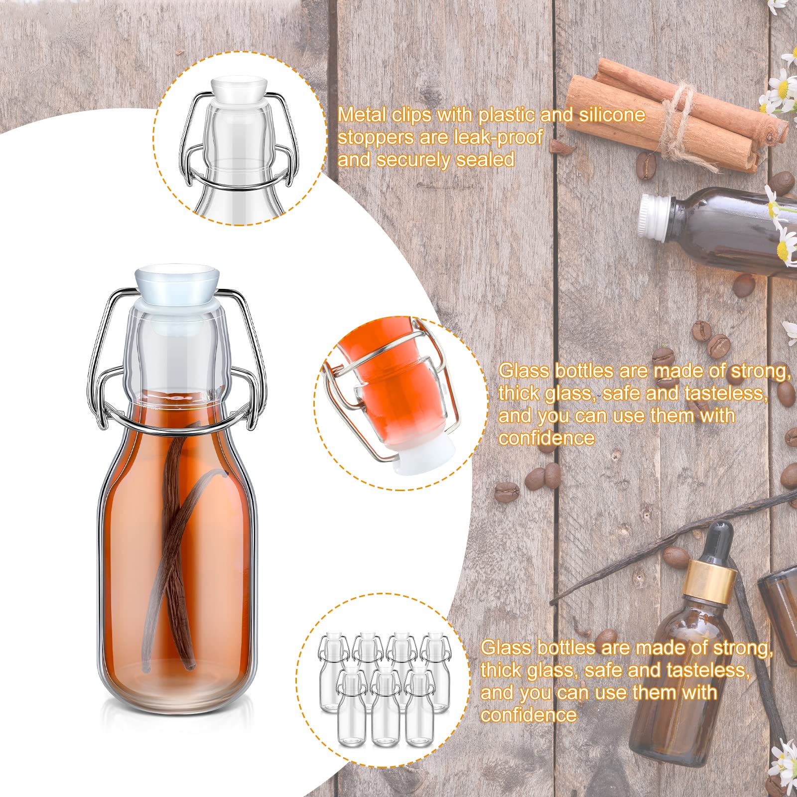 Lallisa 3.5 oz Clear Swing Top Glass Bottles with Caps - 36 Pack | Leak-Proof Vanilla Extract, Kombucha, Water, Wine, Beer, Kefir & Juice Storage Bottles | Includes Chalk Labels & Silicone Folding Funnel for Easy Filling & Home Brewing