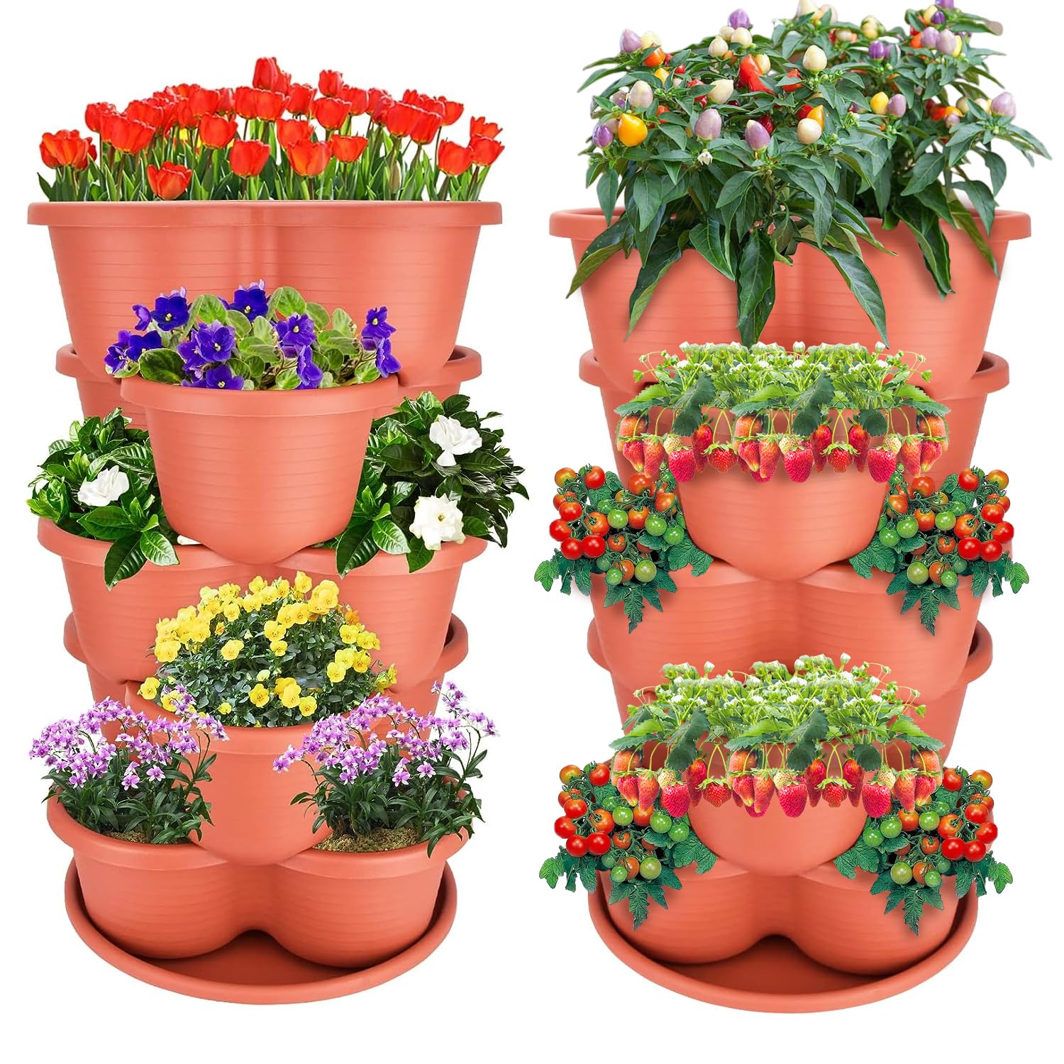 2-Pack Stackable Planter Pots - Brick Red 5-Tier Garden Tower for Vegetables, Herbs & Succulents | Indoor/Outdoor Vertical Gardening | Space-Saving Flower Pots for Balcony, Patio & Small Gardens
