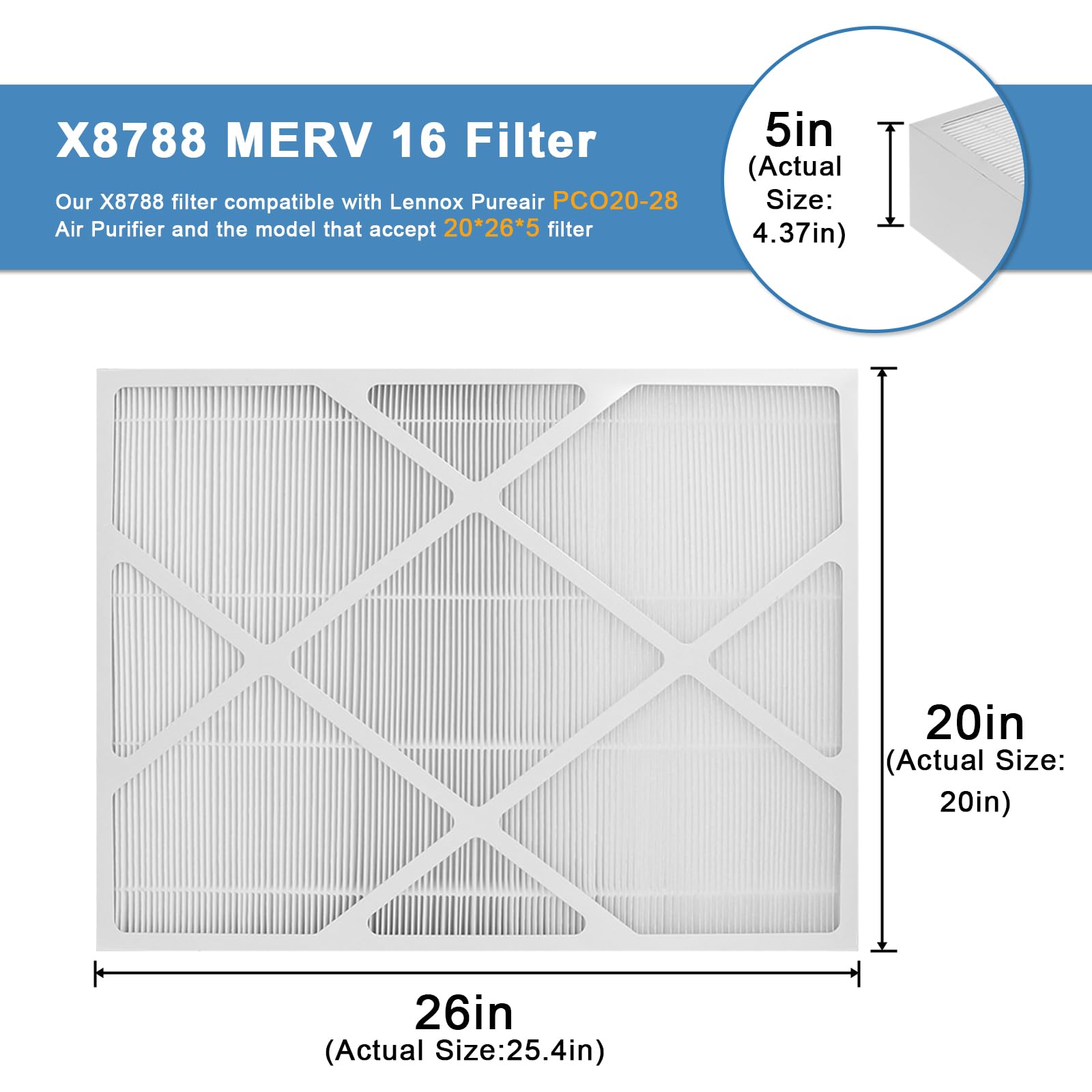 MERV 16 Air Filter 20x26x5 - Healthy Climate Replacement Filter Compatible with Lennox PCO20-28 PureAir Cleaner | Home HVAC System, Allergy & Asthma Relief, Air Purification for Cleaner Indoor Air