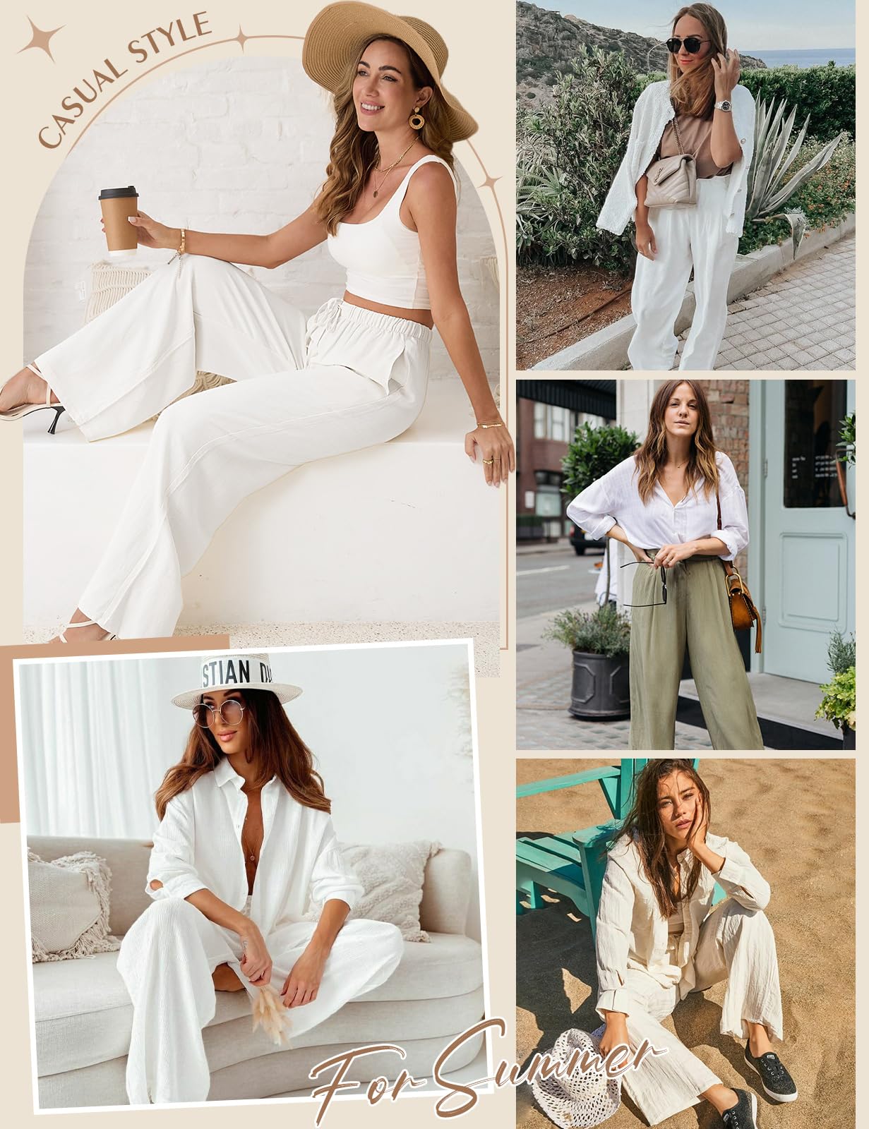 Women's Linen Pants - Casual Wide Leg Palazzo Pants for Summer | Loose Flowy Beach Trousers with Drawstring Waist | Perfect for Vacation, Yoga & Boho Style Outfits