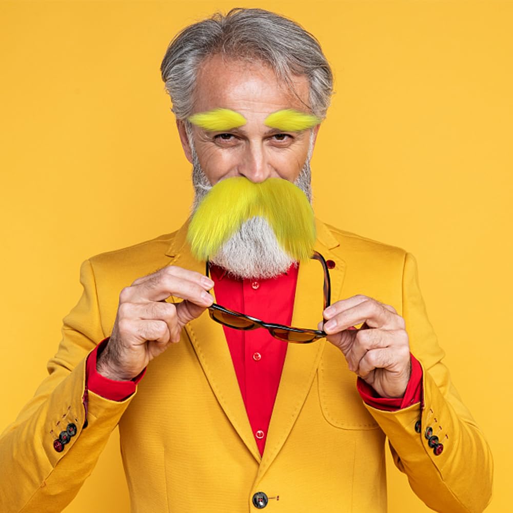 TCOTBE 2-Piece Yellow Mustache & Eyebrow Set - Faux Beard Costume Accessories for Halloween, Cosplay & Festival Parties - Perfect for Halloween Costumes, Themed Events & Funny Photo Props