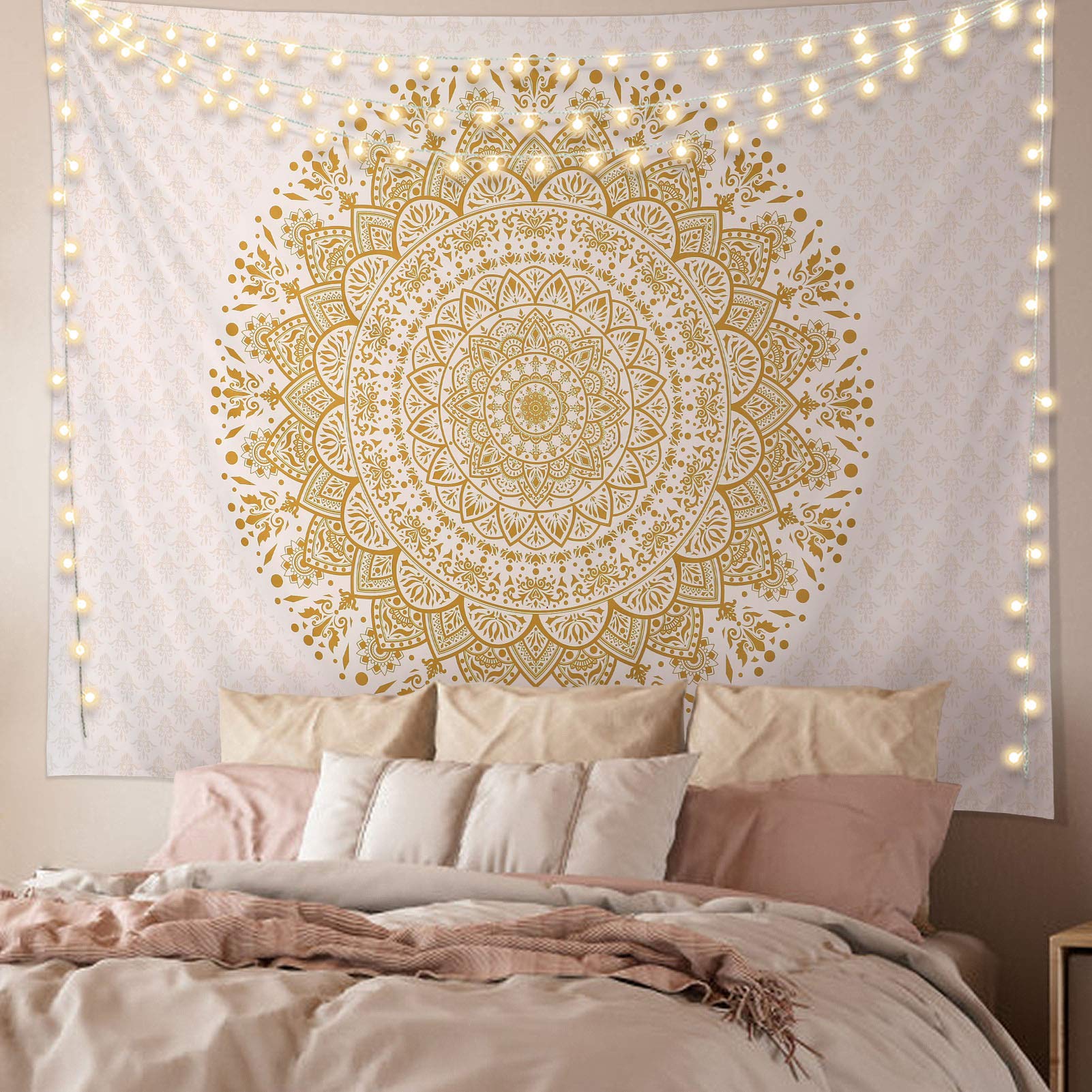 Edeesky White and Gold Mandala Tapestry Wall Hanging - Boho Chic Home Decor for Living Room, Bedroom, Dorm - Perfect for Meditation Spaces, Yoga Studios & Festival Decor