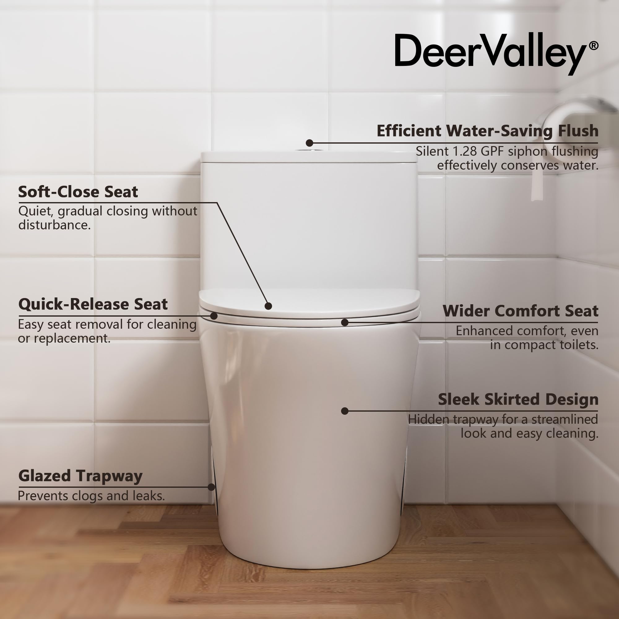 DeerValley Compact One Piece Toilet - Elongated Bowl, Soft Close Seat, Ceramic Glossy Finish - Perfect for Small Bathrooms & Powder Rooms | Space Saving Modern Toilet for Apartments, Tiny Homes & Cozy Spaces