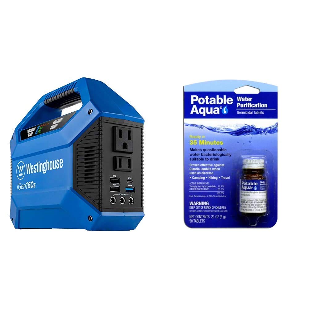 Westinghouse iGen160s 155Wh Portable Power Station with 110V/100W AC Outlets - Solar Generator for Camping, Emergencies & Outdoor Adventures (Solar Panel Sold Separately) & Potable Aqua Water Purification Tablets for Hiking, Travel & Emergency Preparedness