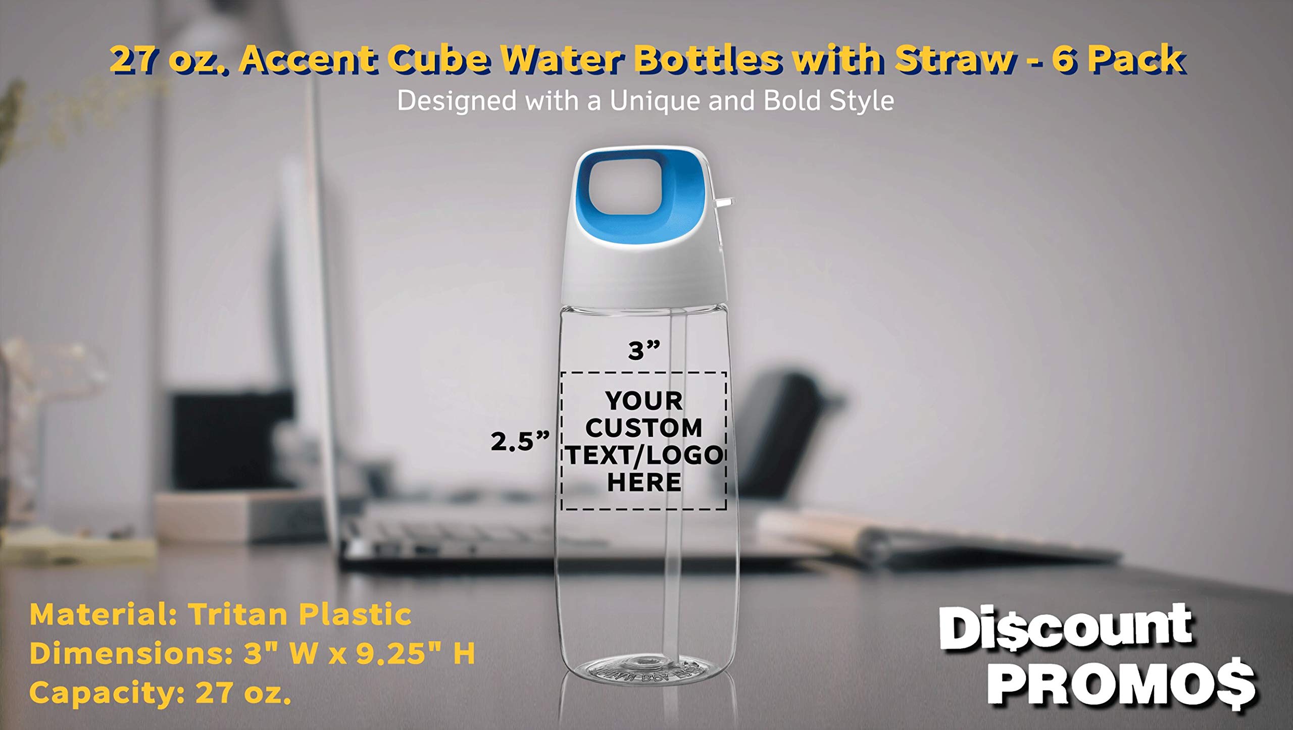 6 Pack 27 oz Plastic Water Bottles with Straw - Customizable Text & Logo - BPA-Free Tritan Material - Accent Cube Design - Perfect for Gym, School & Outdoor Activities