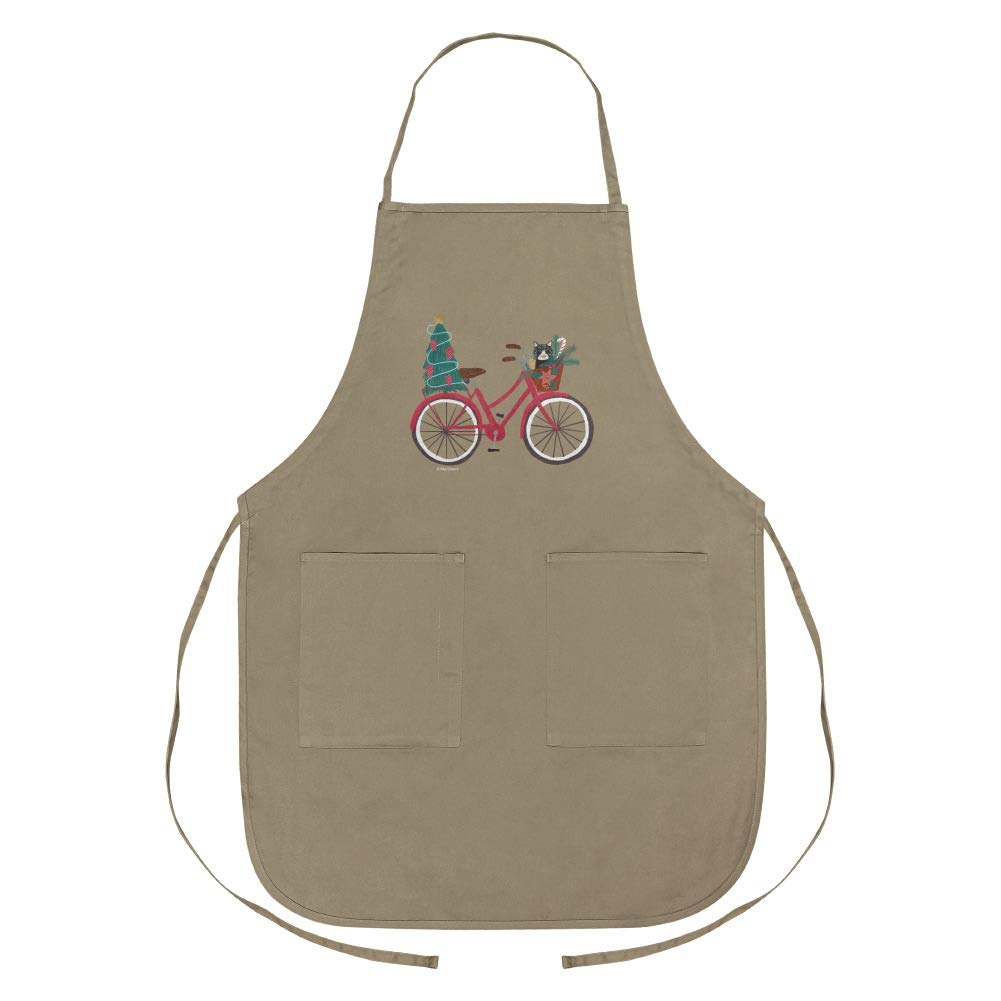 Christmas Bicycle & Cat in Basket Apron with Pockets - Graphic Kitchen Apron for Cooking, Baking & Holiday Hosting - Perfect Gift for Cat Lovers & Cyclists