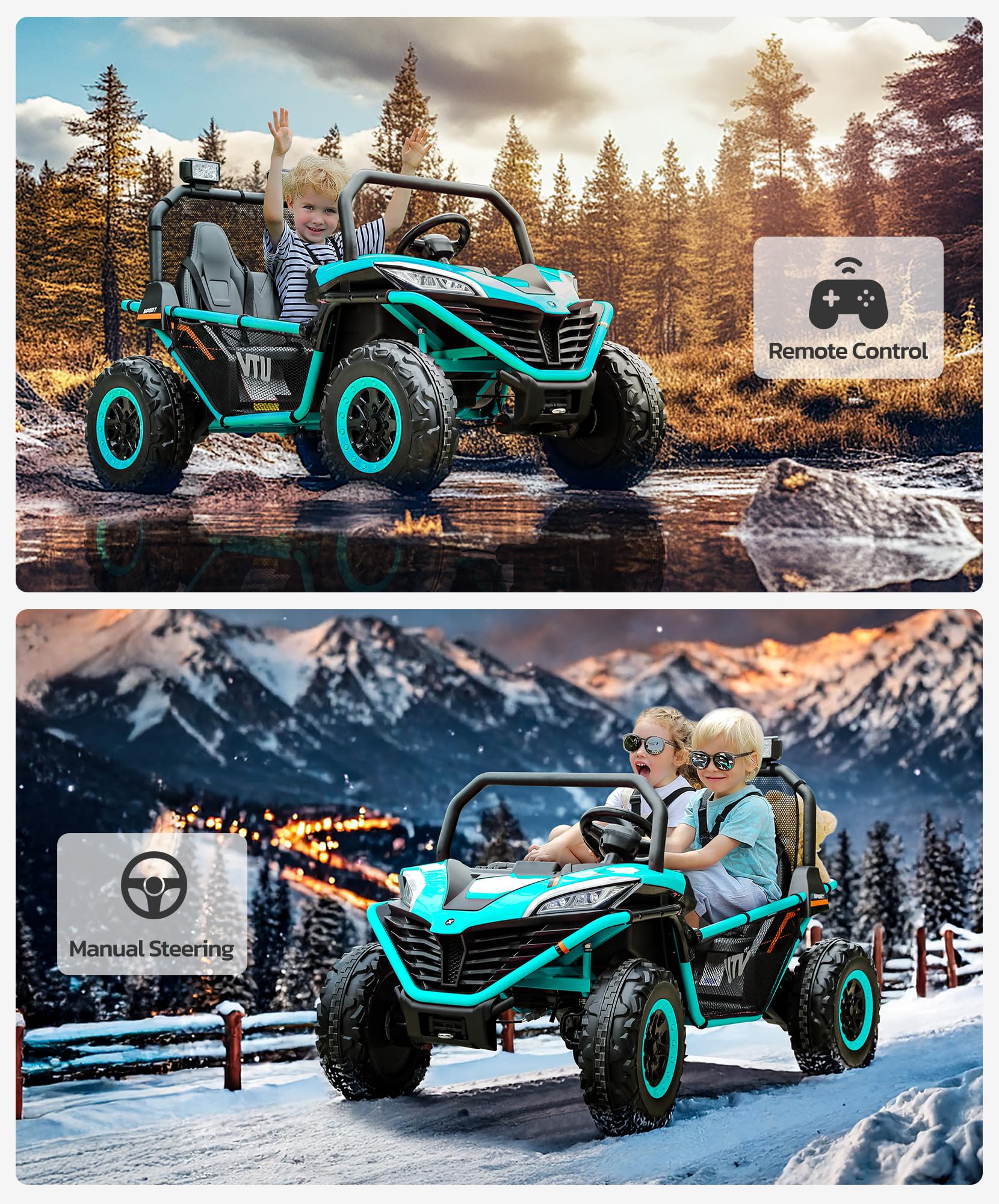 ELEMARA 24V 10AH 2 Seater Kids Electric Ride On Car - 4WD UTV Toy Truck with Remote Control, Bluetooth, LED Lights & 3 Speed Settings | Spring Suspension, Soft Seats & Storage Compartment | Perfect for Outdoor Play, Birthday Gifts & Family Fun (Green)