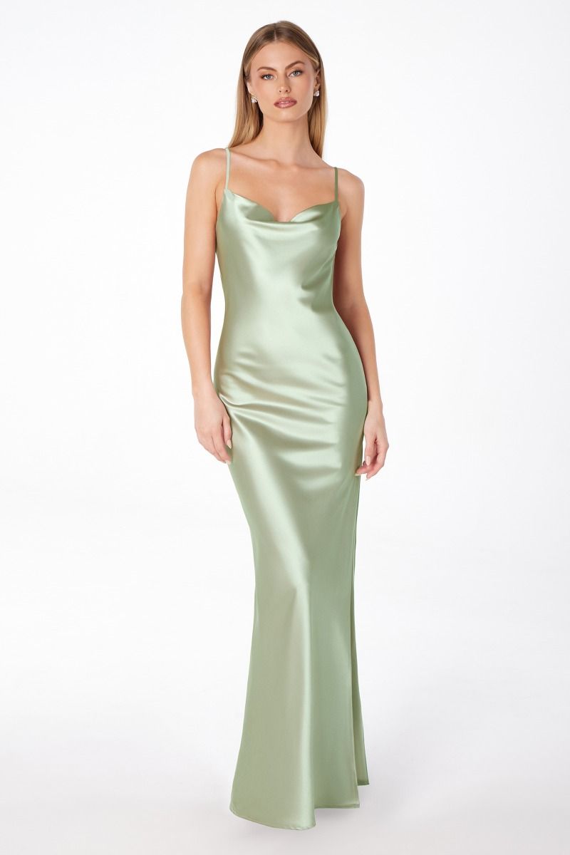 Lina Maxi Dress - Cowl Neck Front & Draped Back Fitted Satin Evening Gown for Women | Perfect for Weddings, Parties & Special Occasions