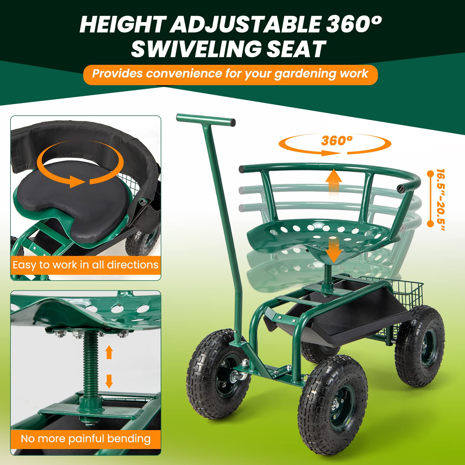 Giantex Heavy Duty Garden Cart with 4 Wheels - Adjustable Height Rolling Work Seat with Tool Tray, Removable Cushion & Storage Basket - 360° Swivel Gardening Stool for Lawn, Yard, Patio & Outdoor Work - Perfect for Planting, Weeding & Landscaping Tasks