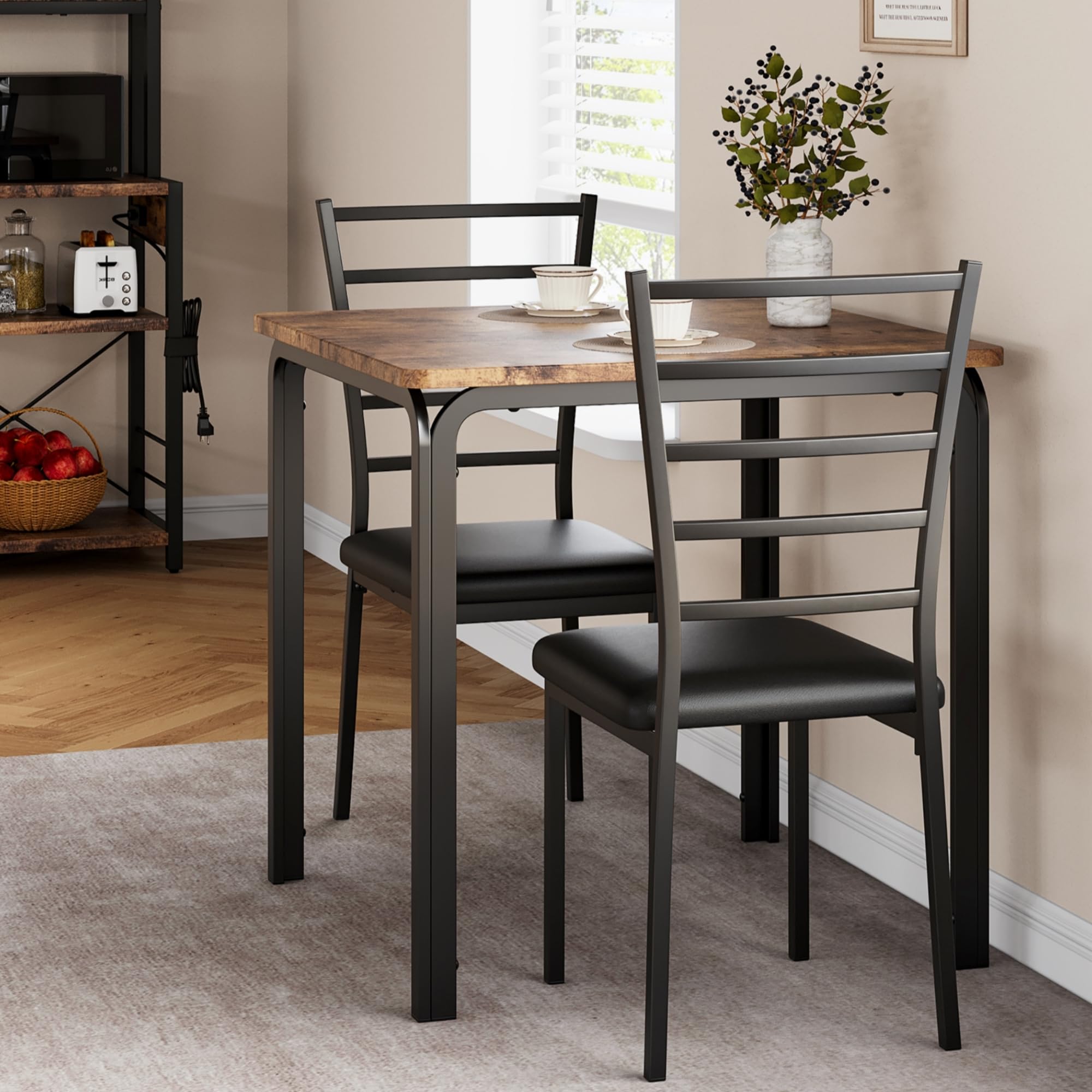 IDEALHOUSE 3-Piece Square Dining Table Set for 2 - Small Space Kitchen & Dinette Set with 2 Chairs (Vintage Style) - Perfect for Breakfast Nooks, Studio Apartments & Cozy Dining Areas