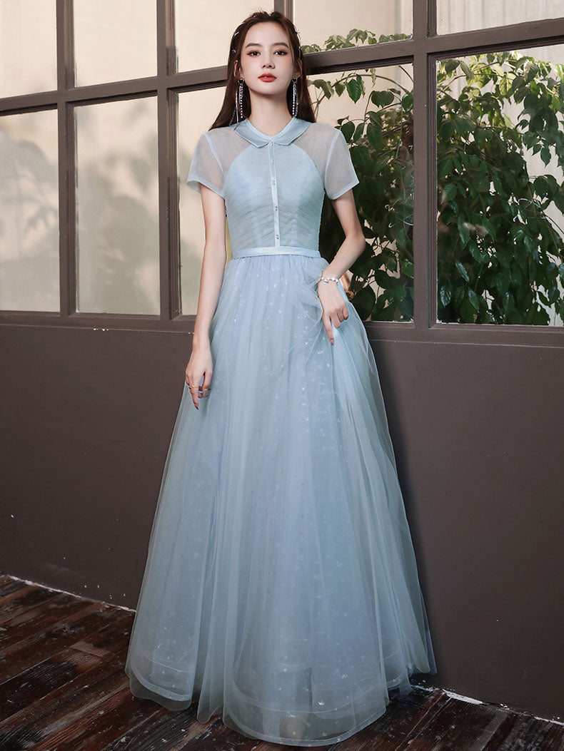 Elegant Blue A-Line Tulle Long Prom Dress for Women - Formal Evening Gown for Homecoming, Wedding, and Special Occasions