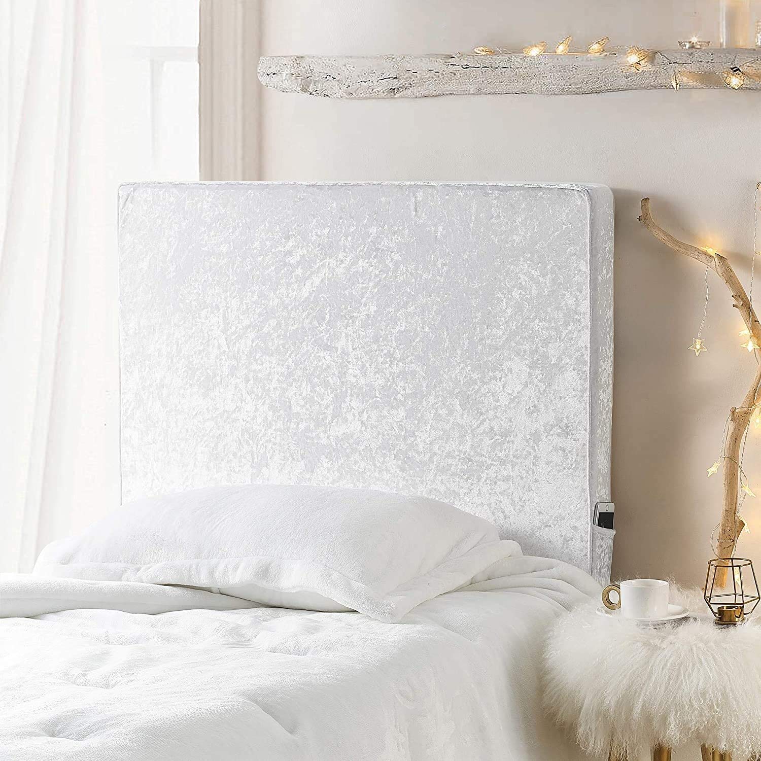Velvet Crush Ice White Padded Dorm Headboard - Soft Cushioned Transitional Headboard for College Dorm Rooms, Bedrooms & Small Spaces - Perfect for Studying, Relaxing & Decorating