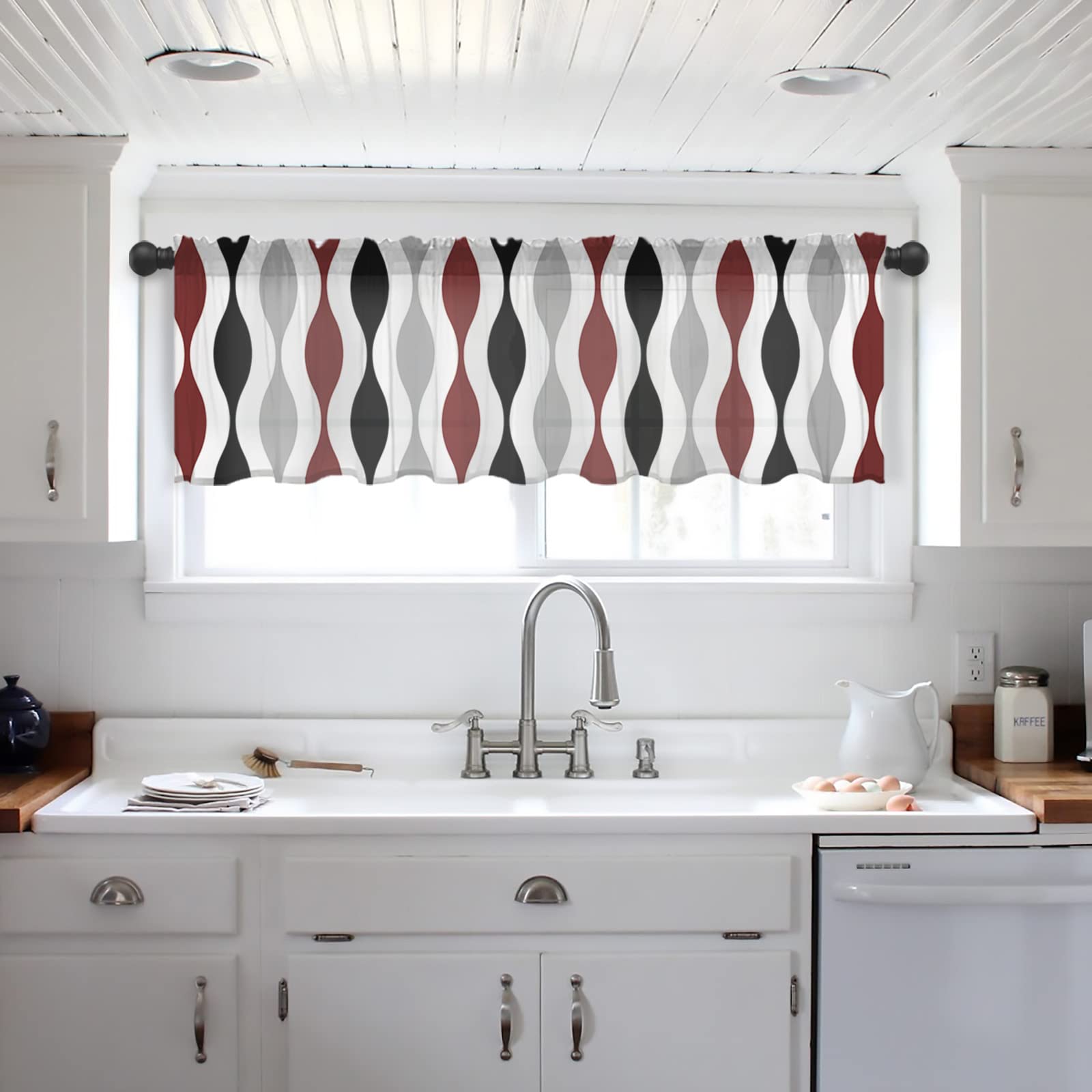 Geometric Red Black Grey Abstract Stripe Valance Curtains - 54