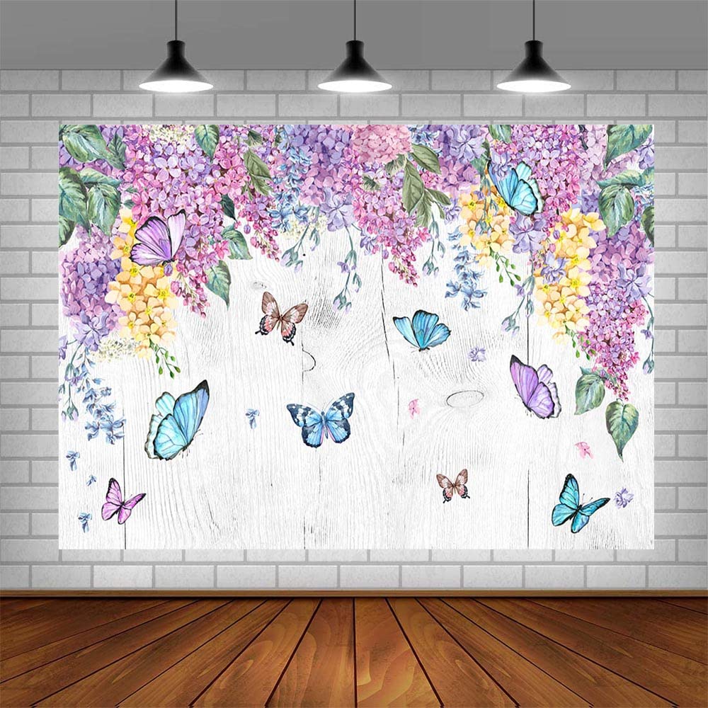 8x6ft Spring Butterfly Photography Backdrop - Purple Floral Wood Background for Birthday, Baby Shower, Wedding Photo Shoot Props | Perfect for Party Decorations, Indoor & Outdoor Events