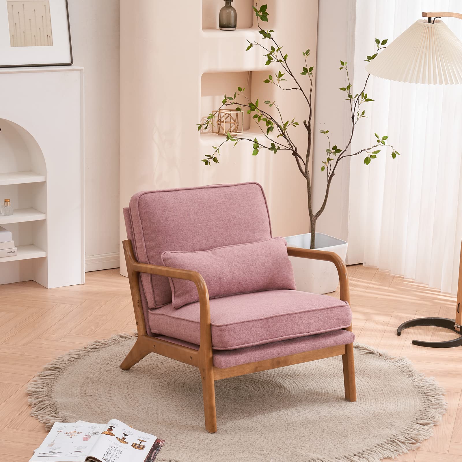 VINGLI Set of 2 Mid Century Modern Accent Chairs - Pink Linen Upholstered Lounge Armchairs with Wooden Legs for Living Room, Bedroom & Reading Nook - Cozy Comfortable Seating for Adults (Perfect for Relaxing, Reading & Home Decor)