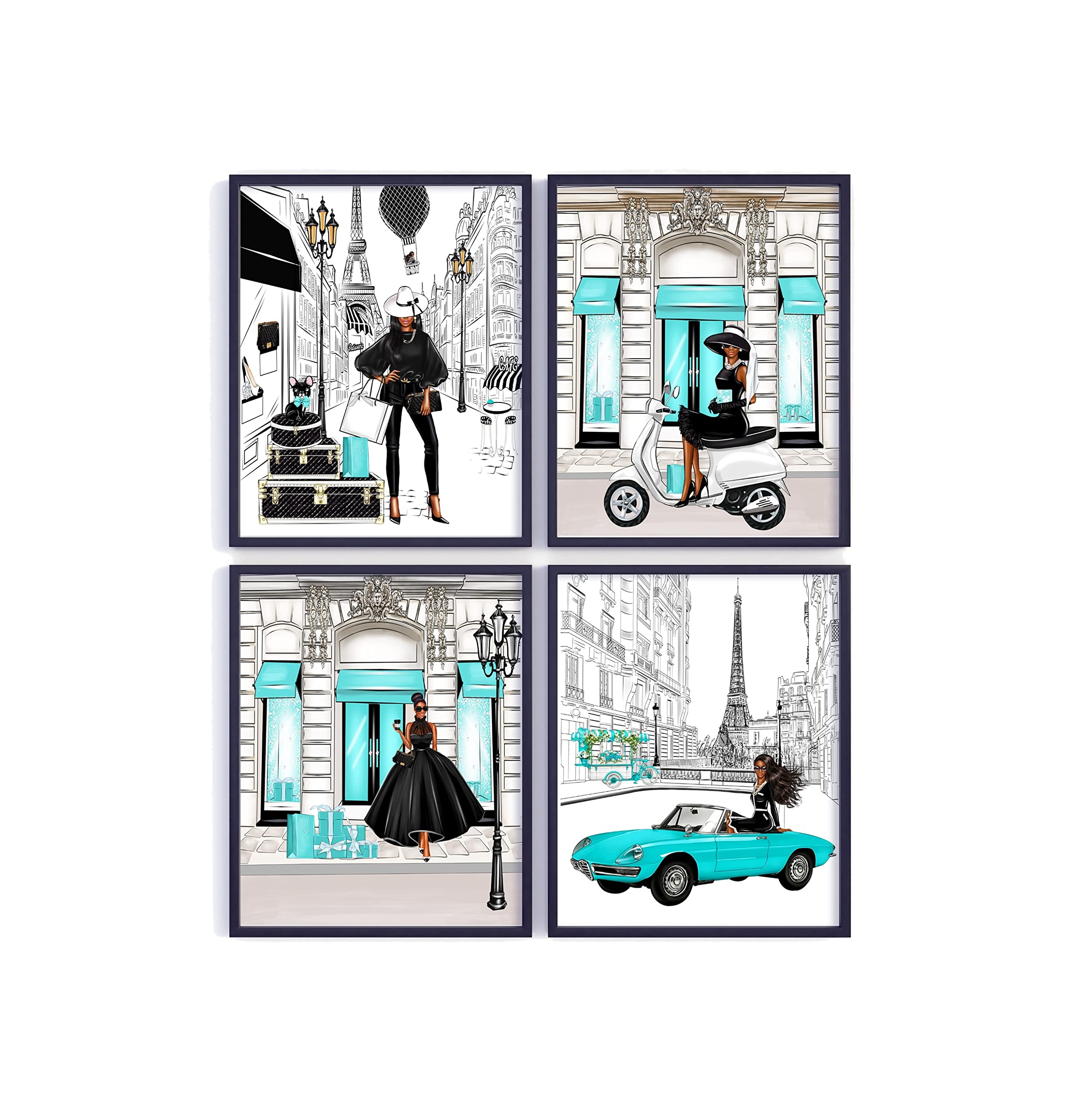 African American Fashion Wall Art - Set of 4 Unframed Prints in Black & Teal for Tween Teen Girl Room Decor | Paris Inspired Bedroom Aesthetic | Perfect for Dorm, Nursery & Gift Giving