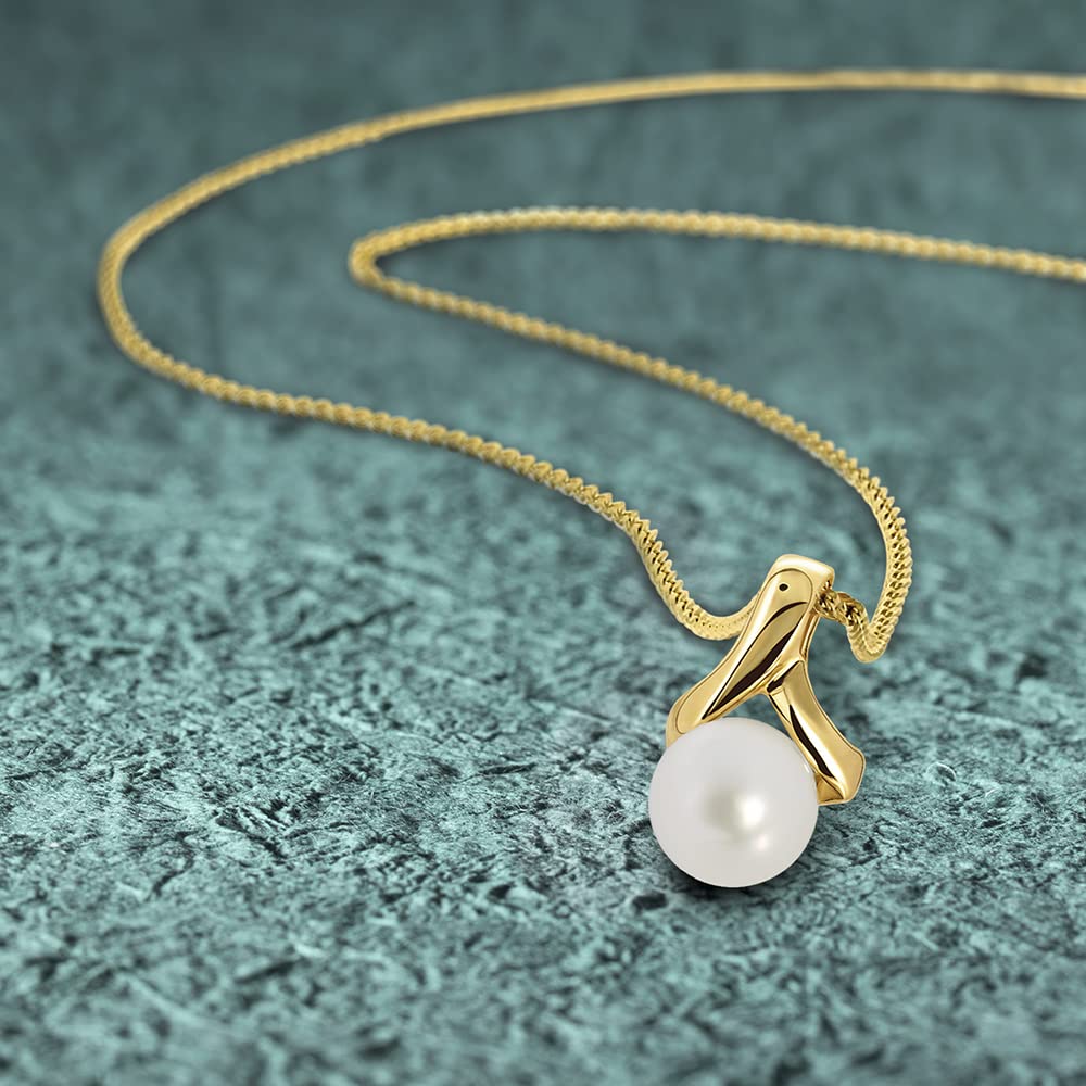 MIORE 9ct 375 Real Gold White Freshwater Pearl Necklace for Women - 7.5mm Pearl with 45cm Curb Chain & Pendant - Handmade Jewelry Gift Set in Elegant Box | Perfect for Weddings, Anniversaries & Special Occasions