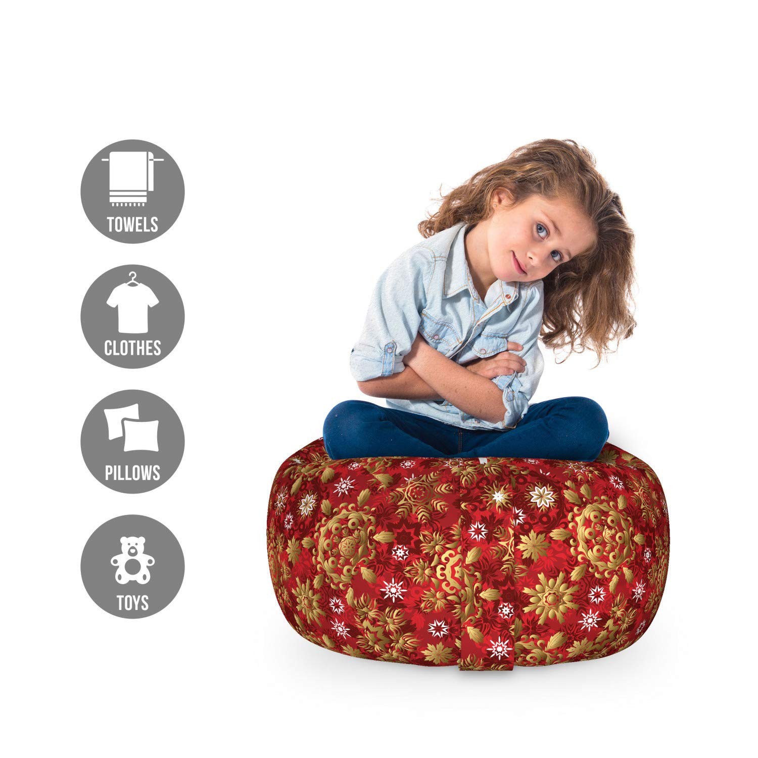 Ambesonne Mandala Storage Toy Bag Chair - Floral Design Stuffed Animal Organizer, Washable Small Size in Earth Yellow Vermilion | Kids Room Decor, Christmas New Year Gift, Playroom Storage Solution