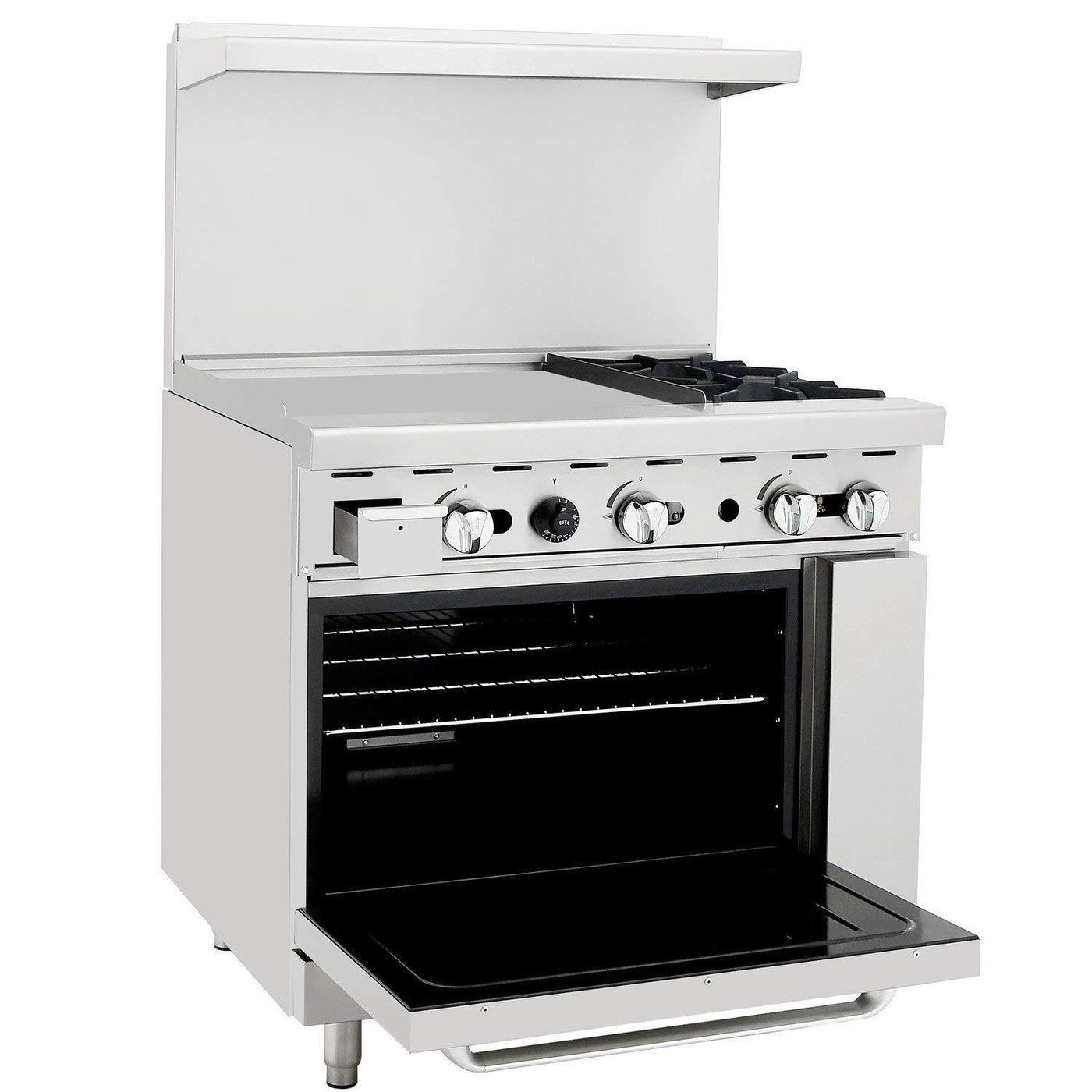 Atosa ATO 24G2B 36-Inch Commercial Natural Gas Range with 2 Burners & Left-Side 24-Inch Griddle - 125,000 BTU High Power for Restaurants, Diners & Catering Businesses