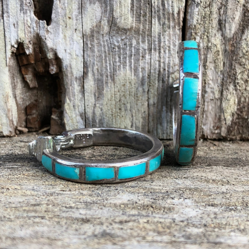 Vintage Hopi Sterling Silver & Turquoise Inlay Clip-On Hoop Earrings – Handmade Native American Jewelry for Women – Perfect for Casual Wear, Festivals, and Special Occasions