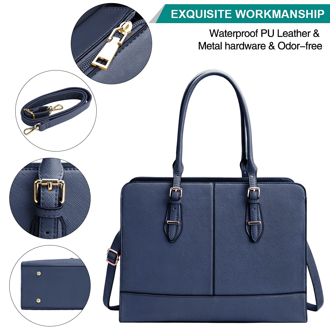 Premium Leather Laptop Tote Bag for Women - 15.6 Inch Waterproof Business Work Bag with Large Capacity - Professional Office Shoulder Handbag in Blue - Perfect for Commuting, Business Travel & Work Meetings