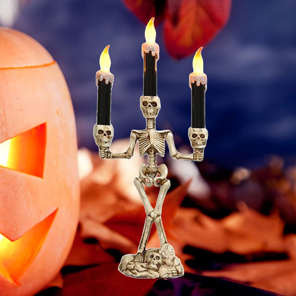 Uonlytech 2-Pack Halloween Skeleton Flameless LED Candles with Skull Candle Holders - Spooky Decor for Halloween Party, Home, Haunted House & Gothic Themed Events