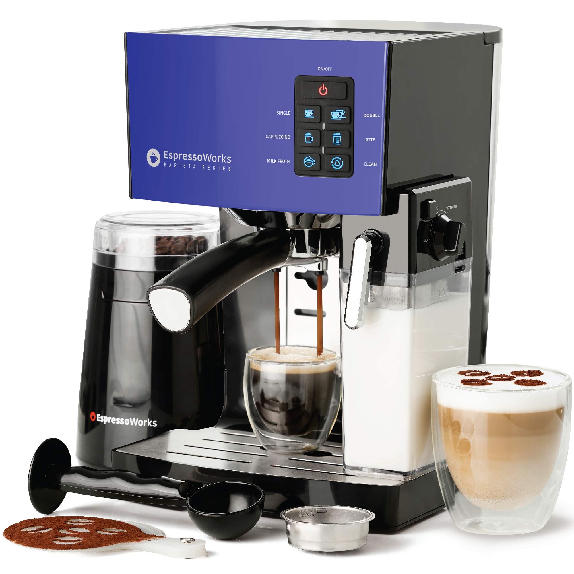 **Professional 19 Bar Espresso Machine & Cappuccino Maker with Built-in Grinder & Milk Frother - 1250W, 10-Piece All-in-One Coffee Set (2 Cappuccino & 2 Espresso Cups, Tamper, Filter Baskets) - Perfect for Home Baristas & Coffee Lovers (Blue)**    *Use Cases: Ideal for home kitchens, offices, or small cafes to enjoy barista-quality espresso, cappuccino, and lattes anytime.*