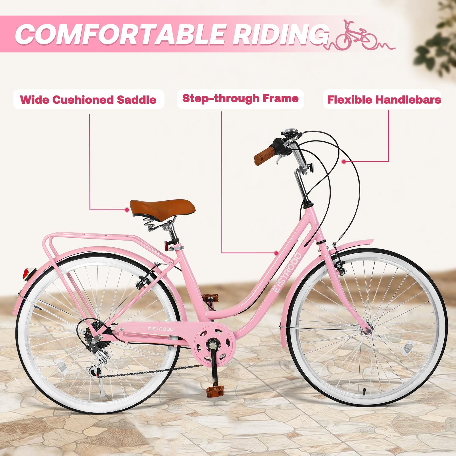26 Inch Women's Beach Cruiser Bike - 7 Speed Hybrid Cruiser with Adjustable Seat & Anti-Skid Tires - Pink Double Bar Frame with Basket - Perfect for Coastal Rides, City Commuting & Leisure Cycling