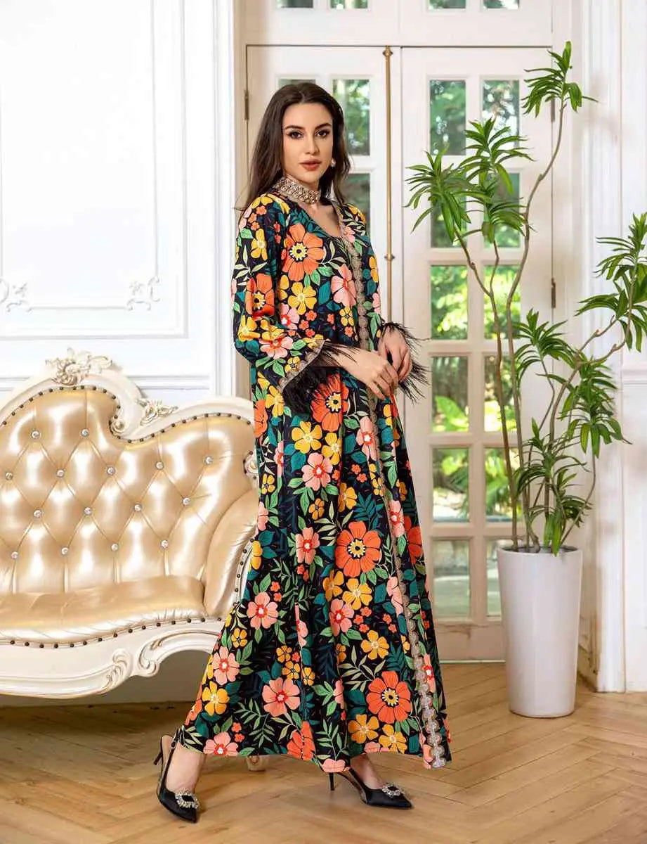 Elegant Hotfix Rhinestone Feather Sleeve Kaftan Dress for Women - Perfect for Eid, Parties, Weddings & Special Occasions