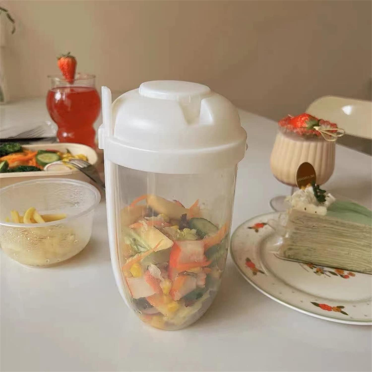 2022 New Portable Salad Meal Shaker Cup with Fork & Dressing Container - Includes Fresh Washing Brush, Healthy BPA-Free Food Storage (7.48×4.33×4.33in) - Perfect for Office Lunch, Gym Meal Prep & On-the-Go Healthy Eating (F-White+Green)