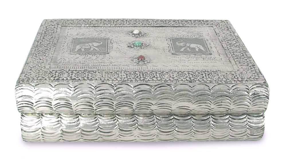 NOVICA Handmade Nickel Repousse and Glass Mango Wood Jewelry Box - 'Elephant Greeting' - Elegant Storage for Rings, Necklaces & Keepsakes - Perfect Gift for Women, Home Decor & Travel Organizer