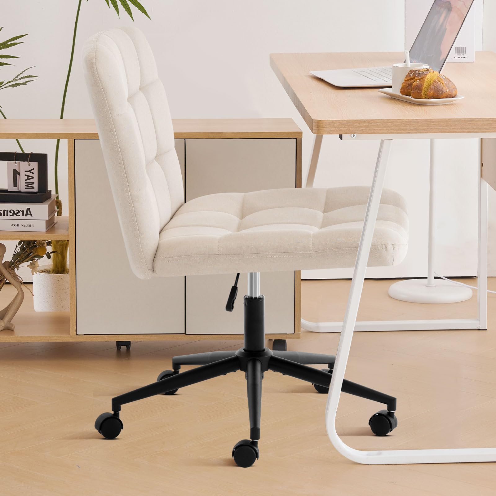 Furniliving Ergonomic Home Office Desk Chair with Wheels - Criss Cross Leg Base, Wide Seat, Armless & Height Adjustable Mid Back Swivel Chair for Work, Study, Gaming - Linen Beige Accent Vanity Chair for Small Spaces