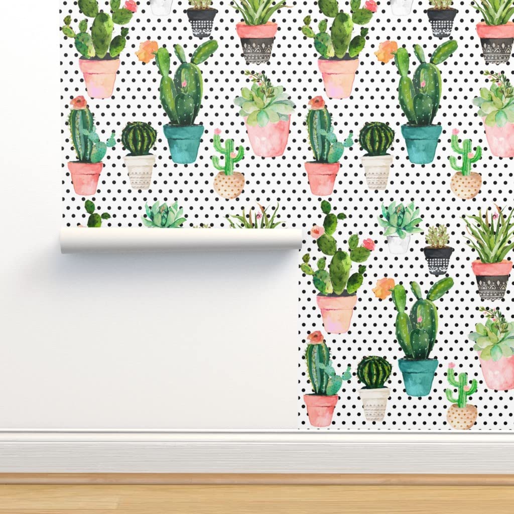 Self-Adhesive Peel & Stick Wallpaper 12ft x 2ft - Black & White Cactus with Pink Peach Polka Dots, Succulent Design, Removable Custom Wallpaper for Kitchen, Bedroom, Nursery, Office Decor | Easy DIY Home Improvement Project