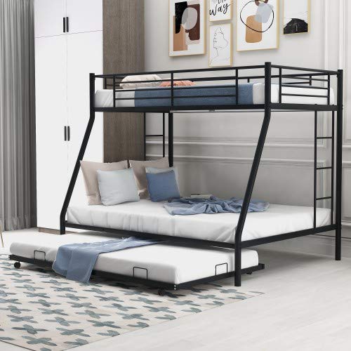 Twin Over Full Bunk Bed with Sturdy Steel Frame & Twin Trundle - Space-Saving Kids Bunk Bed with Dual Ladders (Black) - Perfect for Small Bedrooms, Guest Rooms & Vacation Homes