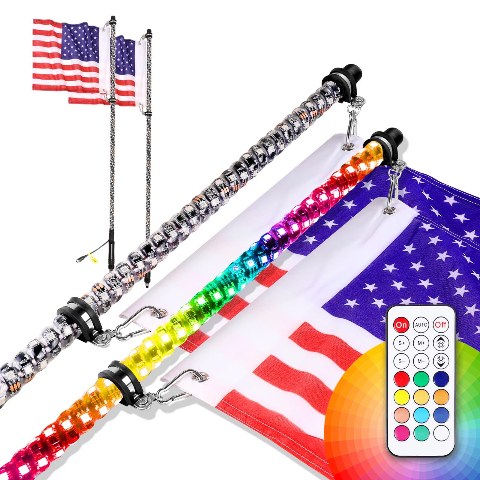 5FT RGB LED Whip Lights (2-Pack) - 360° Spiral Chasing/Dancing Lights with RF Remote | IP67 Waterproof | for Polaris RZR, Ranger, Can-Am X3, Truck & UTV/ATV Accessories | Perfect for Off-Roading, Night Rides, and Vehicle Customization