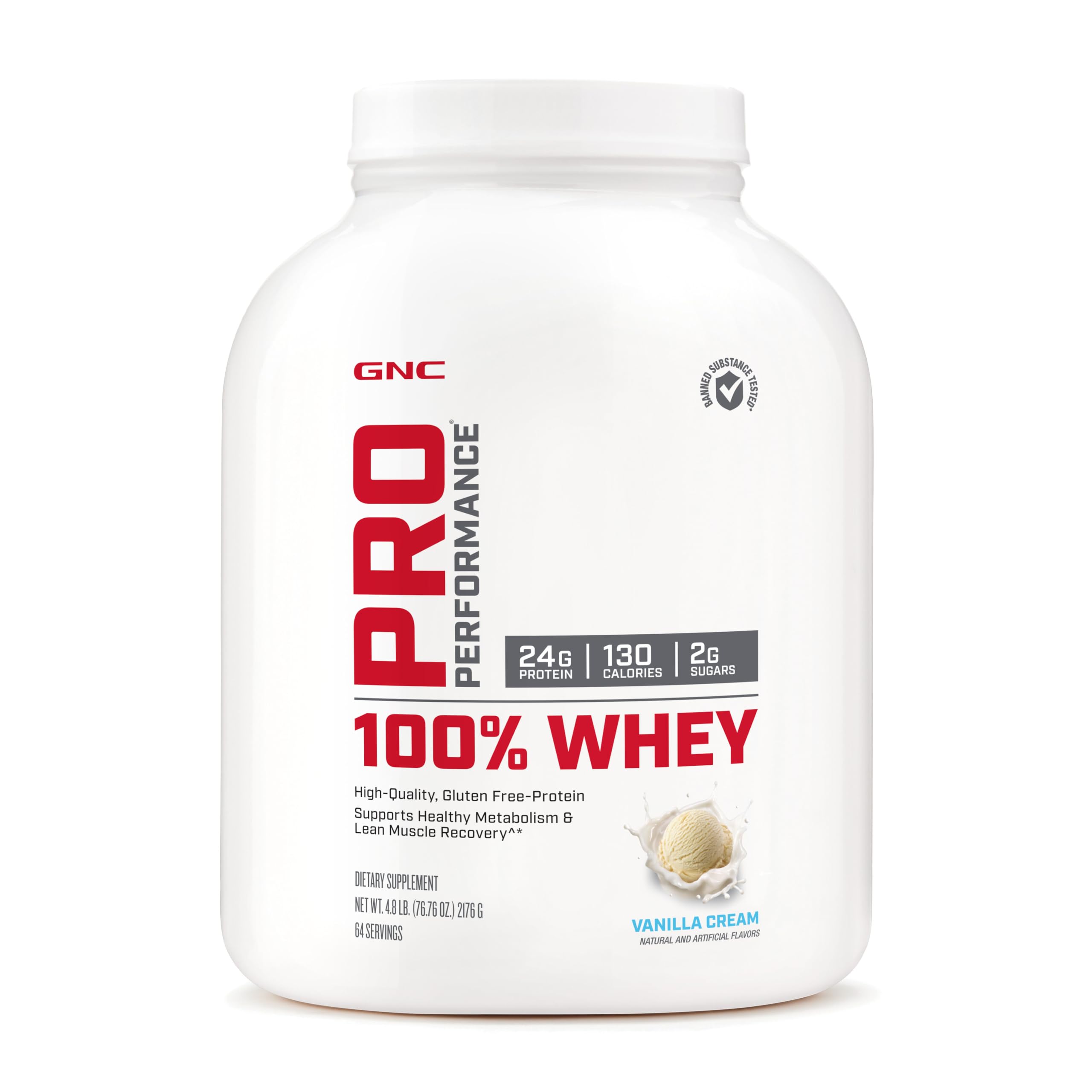 GNC Pro Performance 100% Whey Protein Powder - Vanilla Cream Flavor, 4.8 lb (68 Servings) for Muscle Recovery & Post-Workout Nutrition | Gym Supplement for Athletes & Bodybuilders