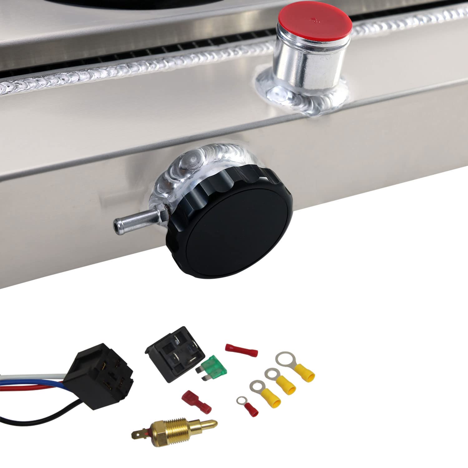 High-Performance 4 Core Aluminum Radiator with Shroud Fan & Relay Kit - Compatible with 1955-1957 Chevy Bel Air & Del Ray V8 - Easy Mounting & US Shipping - Perfect for Classic Car Restoration & Hot Rod Upgrades