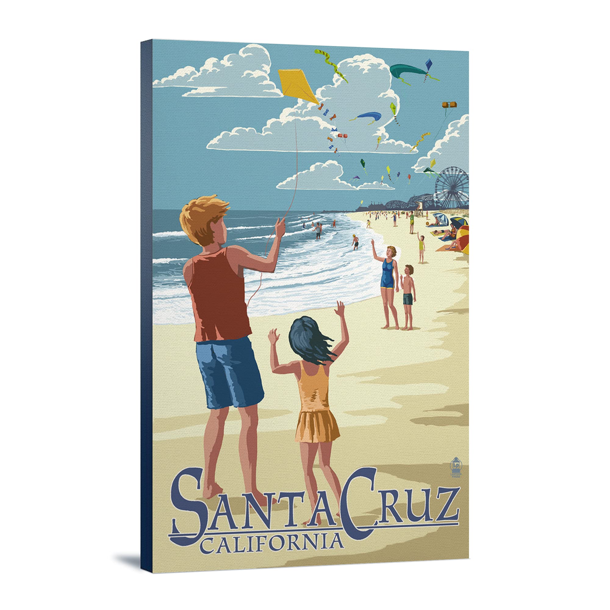Santa Cruz California Beach & Kite Flyers Wall Art - 16x24 Wrapped Canvas Print - Coastal Home Decor for Living Room, Bedroom & Office - Vibrant Beach Scene Painting