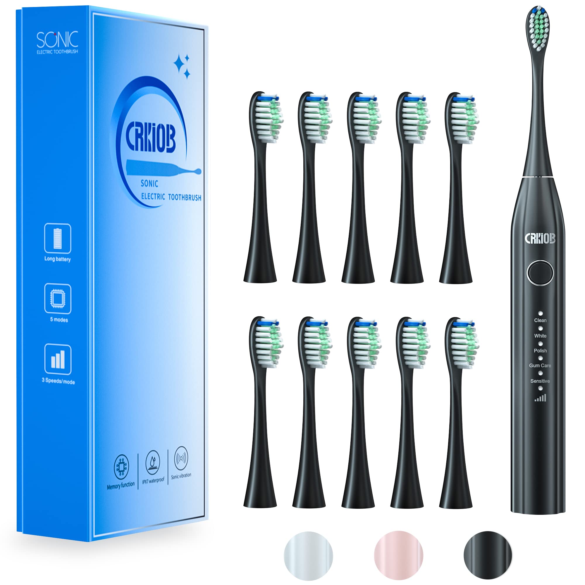 CRKIOB C1 Rechargeable Sonic Electric Toothbrush for Adults & Kids - 5 Cleaning Modes, 3 Intensity Levels with 10 Brush Heads - Teeth Whitening & Plaque Removal - Perfect for Travel & Family Oral Care (Black)
