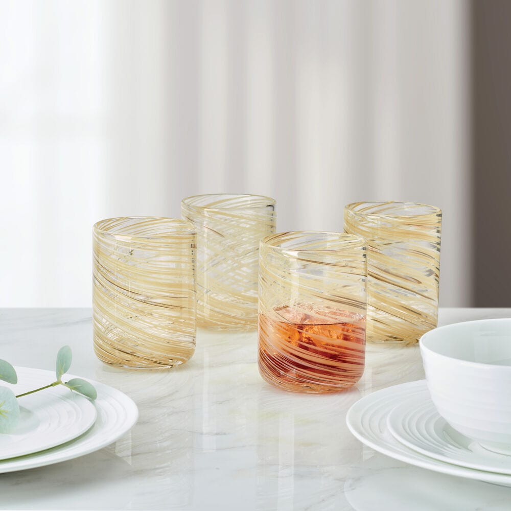 Color Swirl Honey Set of 4 Double Old Fashioned Glasses - Vibrant Whiskey Cocktail Glasses for Home Bar, Party & Gift Giving
