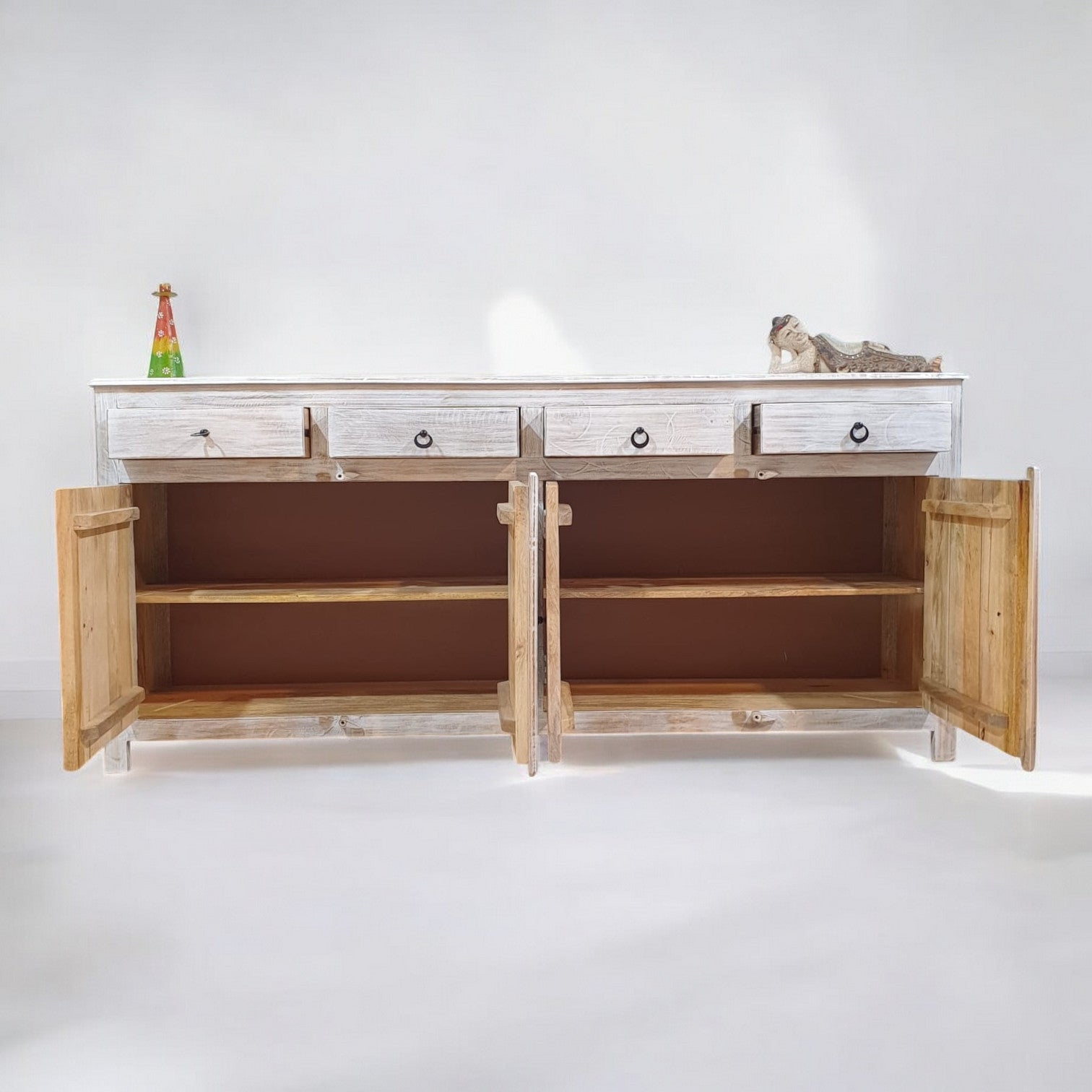 Handmade Carved Indian Mango Wood 4-Drawer 4-Door Sideboard Buffet Cabinet - Whitewashed Rustic Farmhouse Style for Dining Room Storage & Entryway Decor