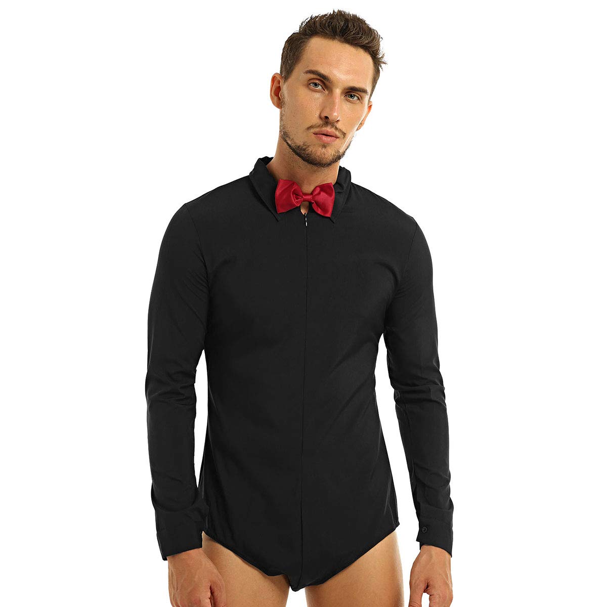 Men's Long Sleeve Latin Dance Shirt Bodysuit with Bowtie - Modern One-Piece Dance Romper Leotard Top for Salsa, Bachata & Ballroom Performance