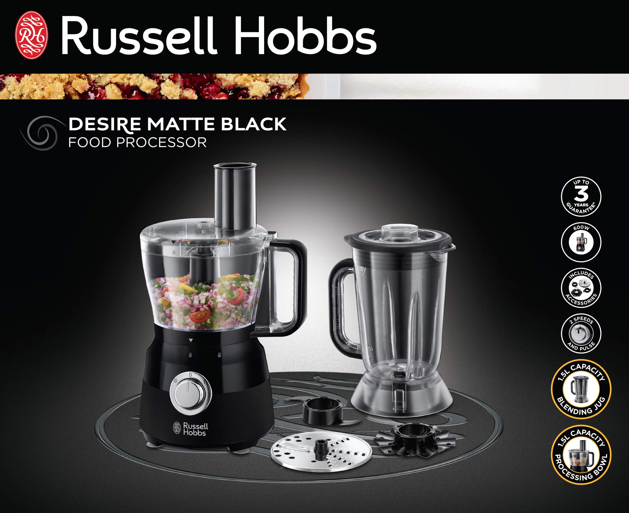 Russell Hobbs Desire 600W Electric Food Processor with 1.5L Bowl & Stainless Steel Blades - Includes Reversible Slicing/Shredding Disk, Dough Hook & Creaming Disk - Perfect for Chopping, Mixing & Baking at Home