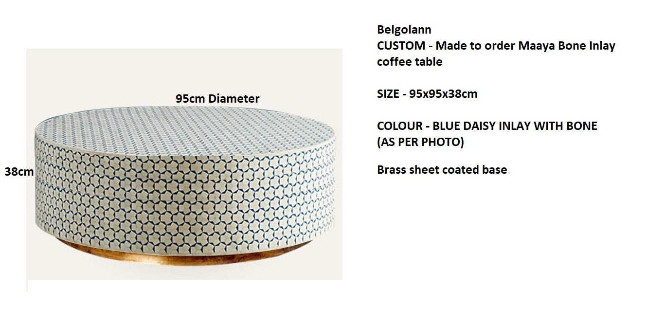 Handmade Custom Maaya Brass Bone Inlay Round Drum Coffee Table - Blue Daisy Floral Design, Boho Chic Living Room Furniture for Home Decor