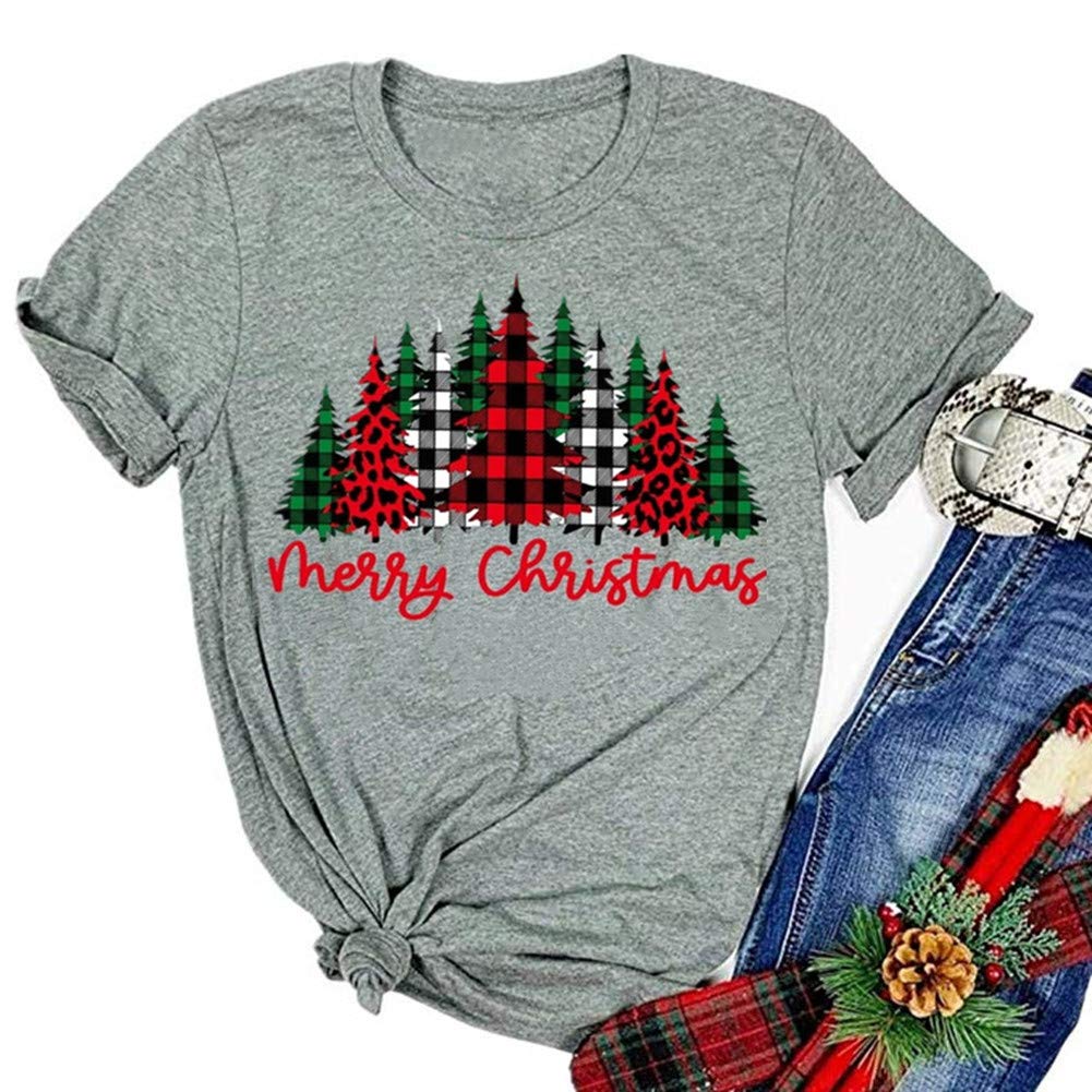 Women's Christmas Tree Printed T-Shirt - Short Sleeve Holiday Tee for Xmas Gifts & Festive Parties | Merry Christmas Shirts for Women